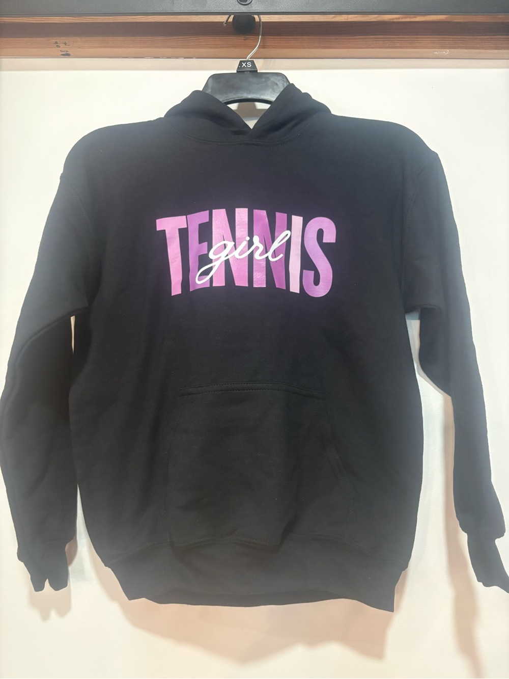 NWOT Gildan Black Hoodie with Purple & White "Tennis Girl" Graphic Youth Med